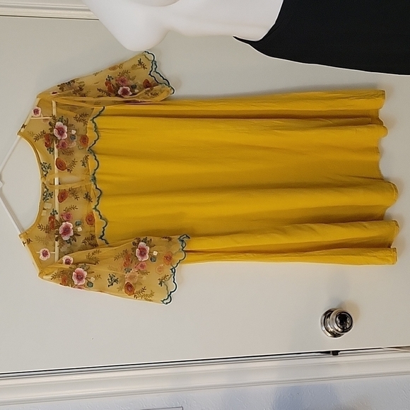 UMGEE Romantic Mustard Yellow Embroidered Peekaboo Lace Micro Jumper Dress - Picture 7 of 7